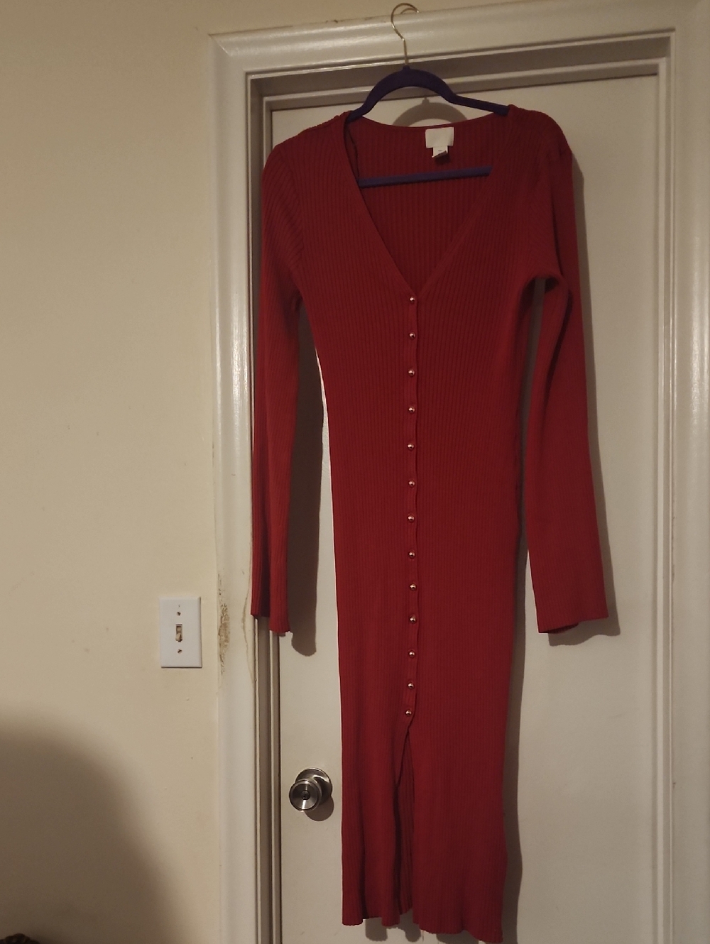 H&M Rust Button-Front Ribbed Long-Sleeve Dress - Picture 3 of 4